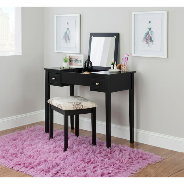 Linon Black and Mirror Accented Set with Upholstered Stool Ryley Vanity 